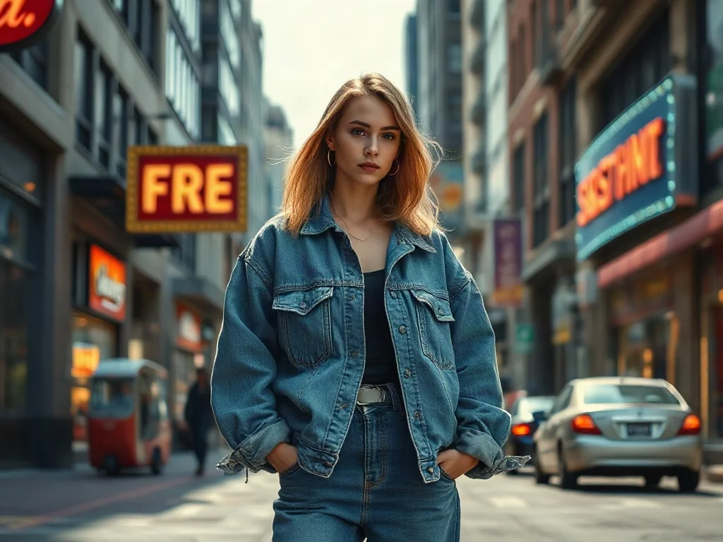 Kobieta w stylu lat 90. ubrana w jeansową kurtkę oversize i luźne spodnie na tle miejskiego krajobrazu w klimacie retro.