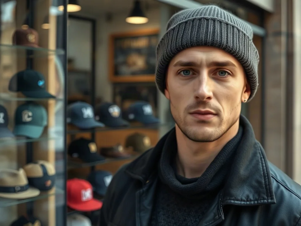 Mężczyzna w modnej czapce typu beanie na tle witryny sklepowej z różnymi nakryciami głowy.