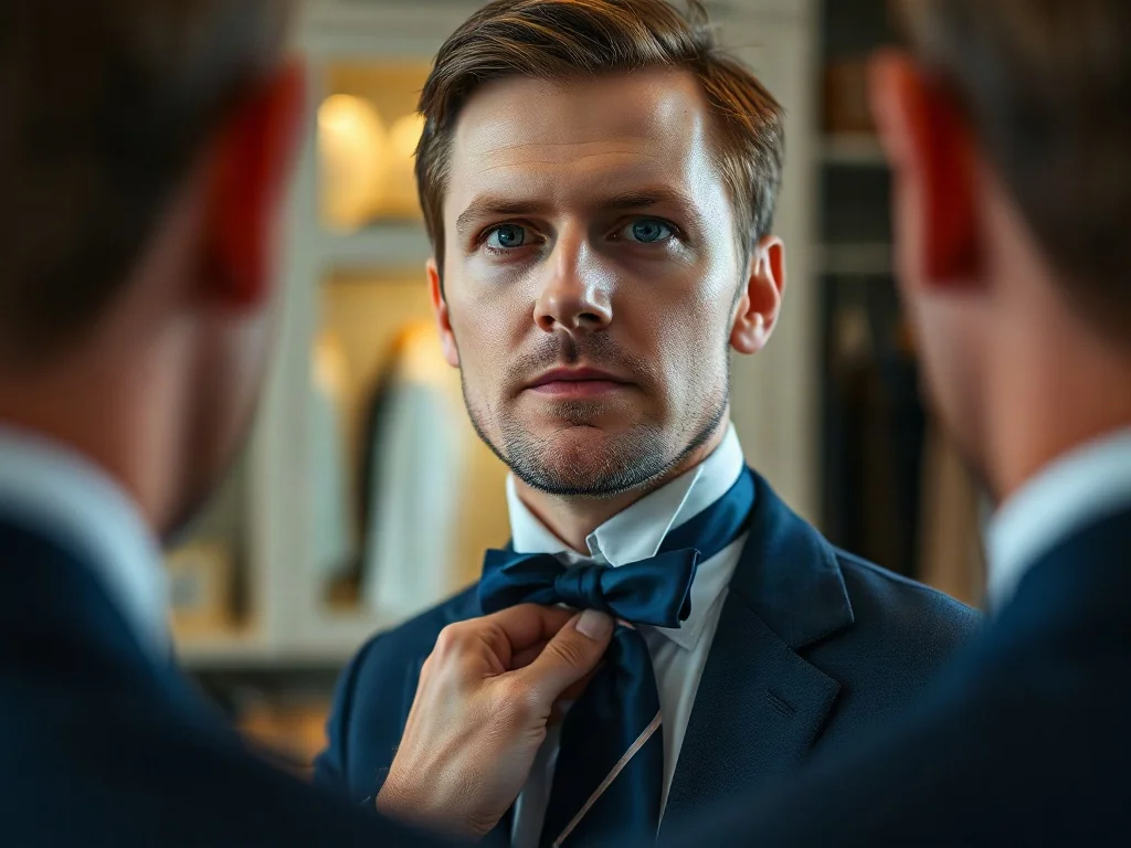 Elegancki mężczyzna poprawiający jedwabny krawat przed lustrem w stylowej garderobie.