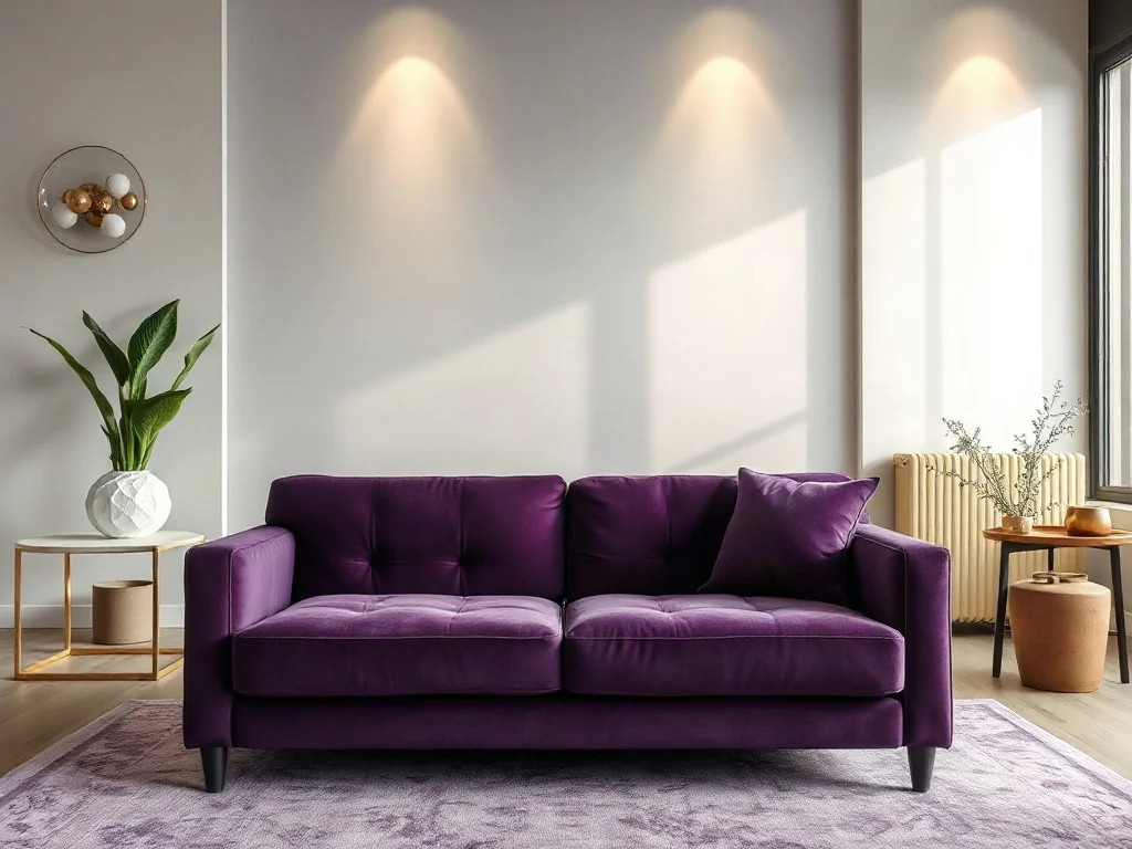 Nowoczesny salon z fioletową sofą, szarą ścianą i złotymi akcentami, prezentujący eleganckie połączenie kolorystyczne.