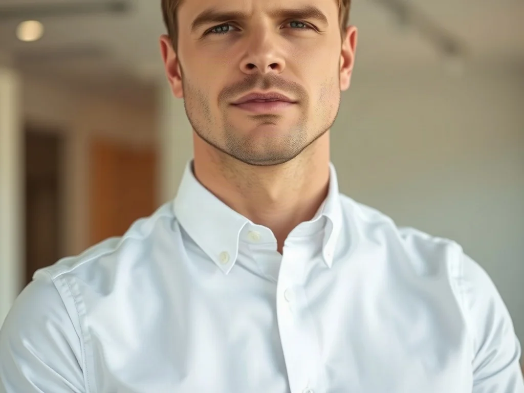 Mężczyzna w eleganckiej, białej koszuli typu oxford z kołnierzykiem typu button-down w nowoczesnym biurowym wnętrzu.