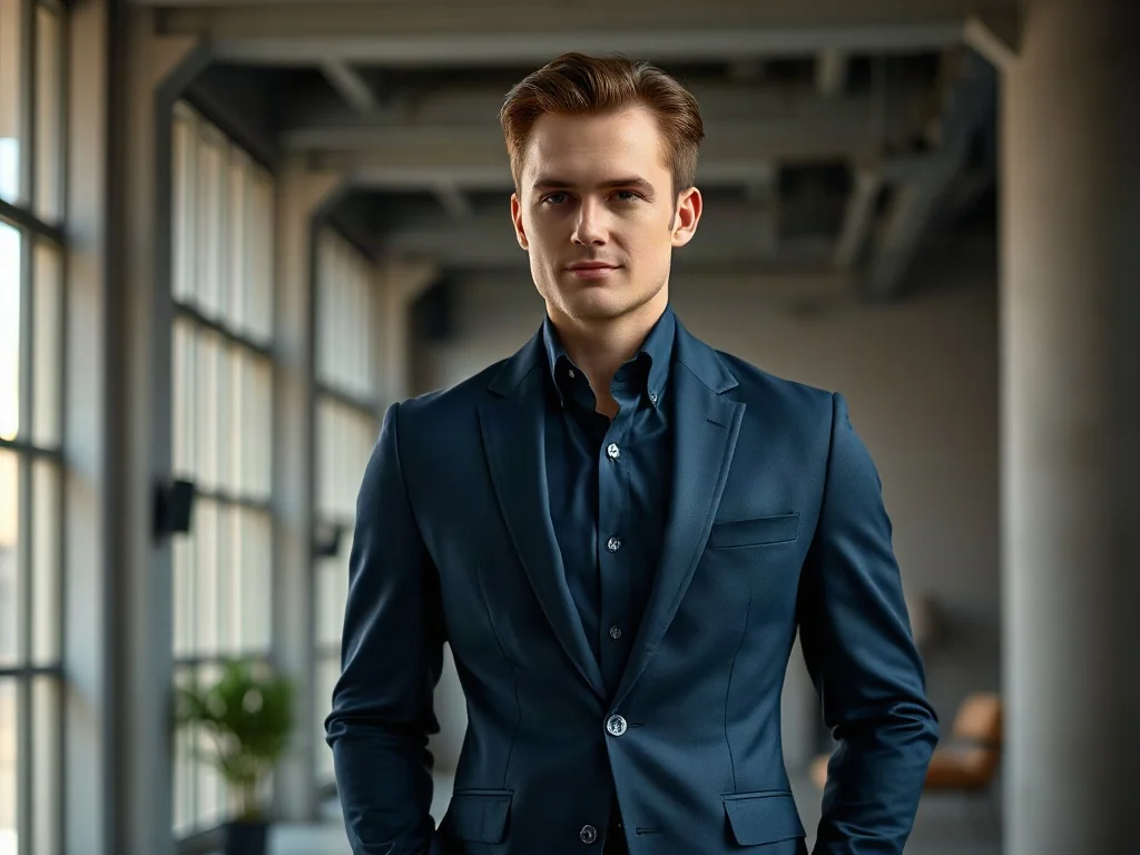 Elegancki mężczyzna w dopasowanym granatowym garniturze typu slim fit w nowoczesnym wnętrzu.