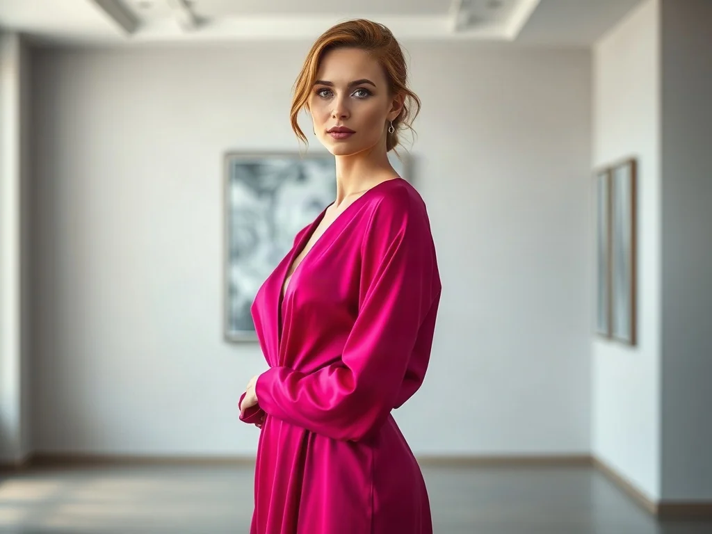 Kobieta w eleganckiej amarantowej sukni z jedwabiu na tle minimalistycznej galerii, prezentująca intensywny odcień różu.