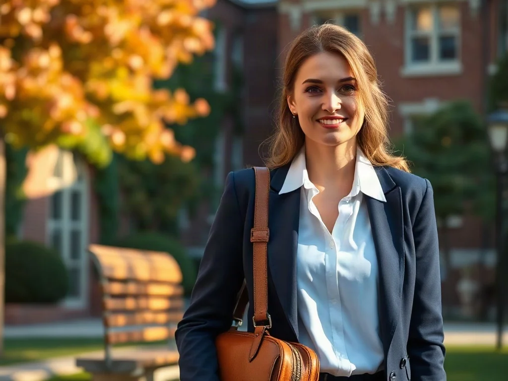 Kobieta w granatowej marynarce i białej koszuli na tle uniwersyteckiego kampusu, prezentująca klasyczny styl preppy.