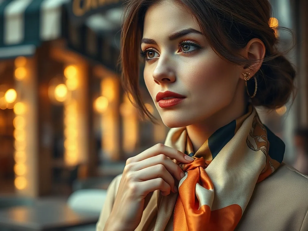 Elegancka kobieta wiążąca kolorową jedwabną apaszkę na szyi w paryskim stylu. Idealna inspiracja do modnych stylizacji.